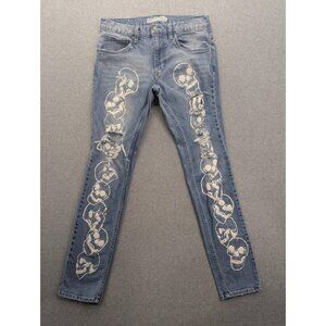 Broken Promises Jeans Mens 32x32 Blue Medium Wash Skinny Skull Graphic Denim